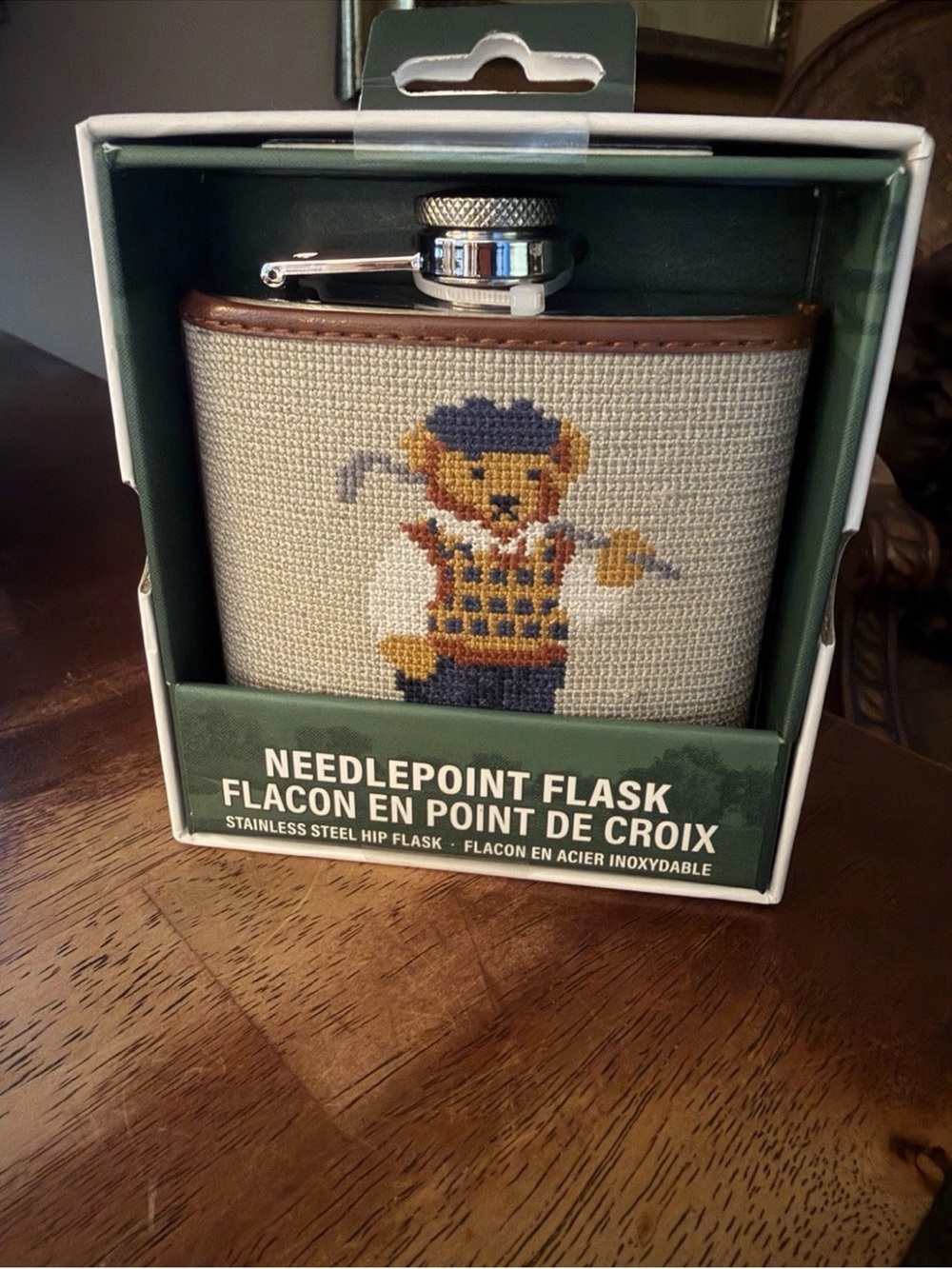 Needlepoint Bear Hip Flask - Beige with Navy & Brown
